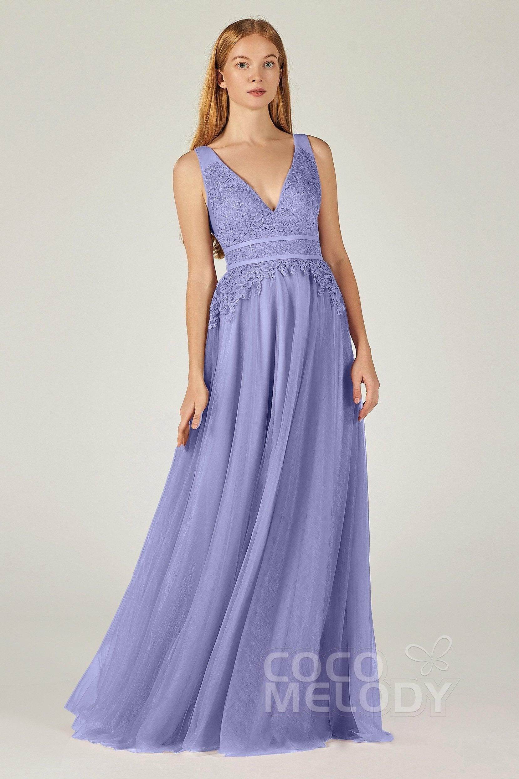 A-Line Floor Length Tulle Lace Bridesmaid Dress CB0379 - COCOMELODY